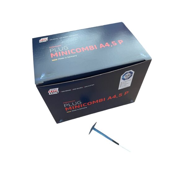 Das Bild zeigt eine dunkelblaue Verpackungskiste mit der Aufschrift „PREMIUM PLUG MINICOMBI A4,5 P Made in Germany“. Vor der Kiste liegt ein einzelnes, längliches, metallic-blaues Objekt, das an einem Ende abgeflacht und am anderen Ende spitz zuläuft. Die Kiste hat außerdem mehrere kleine Logos und Textmarkierungen, unter anderem ein TÜV-Zertifikat auf der rechten Seite. Die Szene ist vor neutralem, weißem Hintergrund fotografiert.