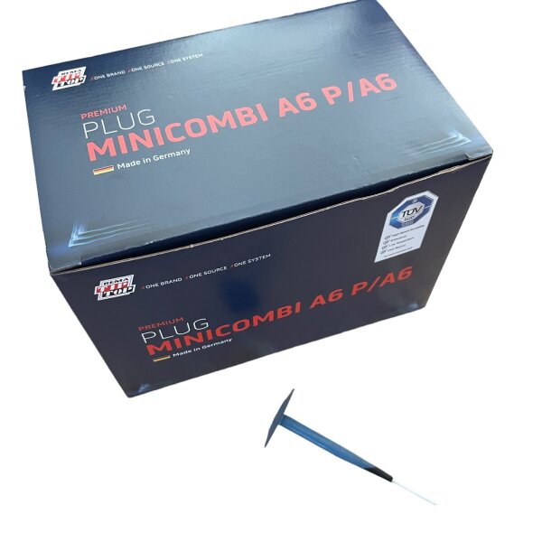 Zu sehen ist eine dunkelblaue Verpackung mit roter und weißer Schrift. Auf der Verpackung steht: Premium Plug Minicombi A6 P/A6 Made in Germany. Neben der Verpackung liegt ein einzelner blauer Reifenstecker mit weißer Spitze und rundem, flachem Kopf. Auf der Verpackung ist außerdem ein kleines Logo mit der Aufschrift TÜV SÜD sowie einige Stichworte, darunter High-Speed Durability, Extra Hard, Low Temperature und Ideal Material.