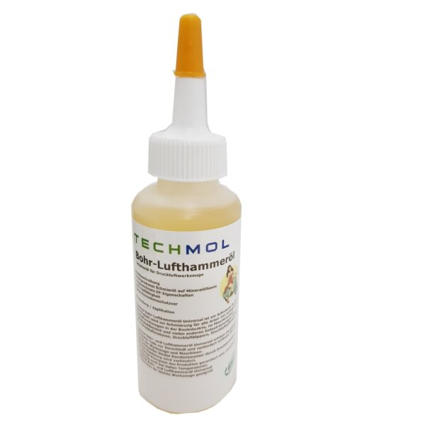 Auf dem Bild ist eine weiße Plastikflasche mit einem gelb-orangen Ausgussdeckel zu sehen. Auf dem Etikett steht in grünen und blauen Buchstaben „TECHMOL Bohr-Lufthammeröl“. Die Flasche enthält Schmieröl für Druckluftwerkzeuge und hat einen länglichen, schmalen Ausgießer zum präzisen Dosieren. Auf dem Etikett ist außerdem ein kleiner gezeichneter Mensch abgebildet.