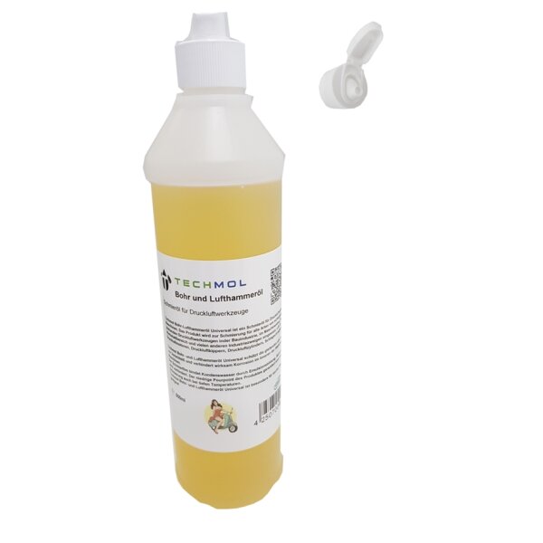 Das Bild zeigt eine gelbliche Flüssigkeit in einer transparenten Kunststoffflasche mit weißem, spitzem Dosierdeckel. Auf der Flasche befindet sich ein weißes Etikett mit Text und einem kleinen Bild einer Frau auf einem Motorroller. Die Aufschrift auf dem Etikett lautet: TECHMOL Bohr und Lufthammeröl Schmieröl für Druckluftwerkzeuge. Neben der Flasche ist ein einzelner geöffneter Klappdeckel abgebildet.
