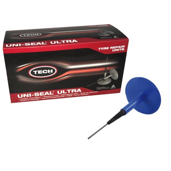 Das Bild zeigt eine rechteckige Verpackung mit der Aufschrift TECH UNI-SEAL ULTRA TYRE REPAIR UNITS in weißer Schrift auf rotem und schwarzem Hintergrund. Neben der Verpackung ist ein blauer, pilzförmiger Reifenreparaturstopfen mit einem dünnen Stift zu sehen.