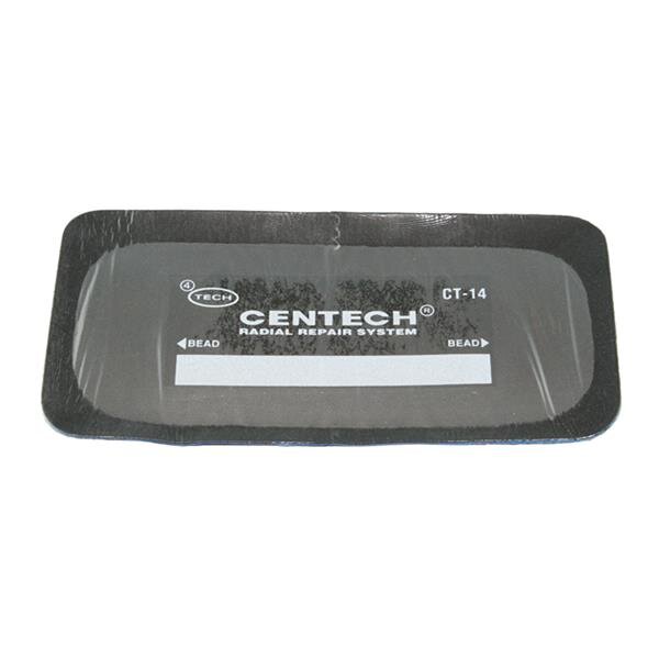 Das Bild zeigt ein rechteckiges, flaches Reparaturpflaster mit abgerundeten Ecken für Reifen, das durchsichtige Folie und einen schwarzen Rand hat; darauf steht in weißer Schrift „TECH CENTECH RADIAL REPAIR SYSTEM CT-14 BEAD ↔ BEAD“.