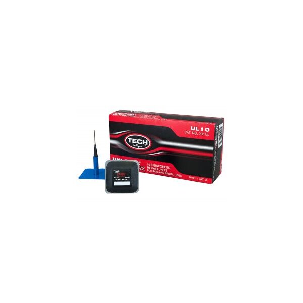 Das Bild zeigt eine rechteckige Verpackung mit der Aufschrift „TECH The Repair Experts UL10 CAT NO. 291UL 10 REINFORCED REPAIR UNITS FOR BIAS AND RADIAL TIRES 10mm x 3/8. Vor der Verpackung stehen eine einzelne Reparatureinheit mit einer blauen quadratischen Basis und einem schwarzen, spitzen Stift nach oben sowie eine kleinere, quadratische Dose mit ähnlicher Beschriftung wie auf der Verpackung. Das Design ist hauptsächlich in Rot, Schwarz und Weiß gehalten.