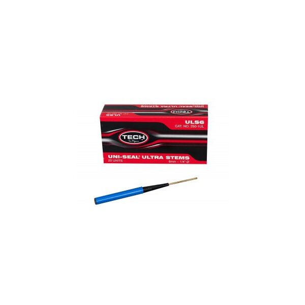 Das Bild zeigt eine rechteckige, rot-schwarze Verpackung mit der Aufschrift TECH, UNI-SEAL ULTRA STEMS, 20 UNITS, 8mm – 5/16, ULS6, und CAT. NO. 250-1UL. Vor der Verpackung liegt ein einzelnes, längliches Werkzeug mit einem blauen Griff, einem schwarzen Mittelteil und einer schmalen, goldfarbenen Spitze.