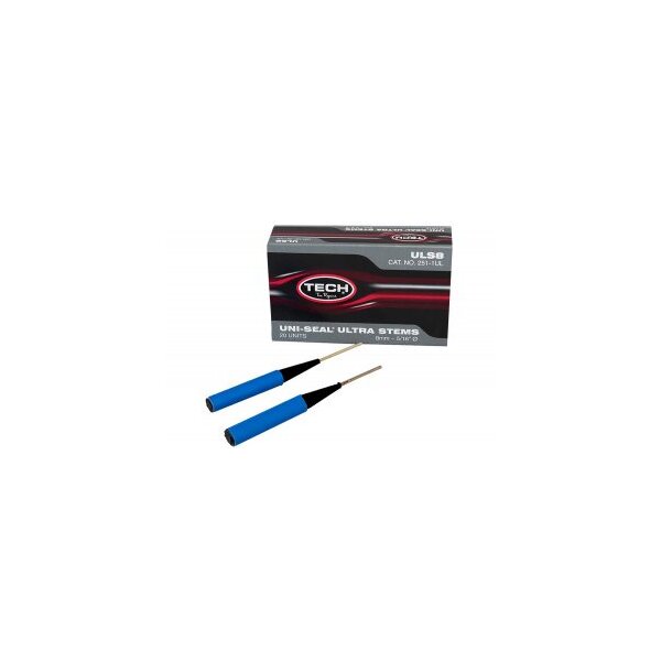 Das Bild zeigt eine rechteckige Verpackung mit der Aufschrift TECH Uni-Seal Ultra Stems und zwei längliche Reparaturstifte mit blauem Griff und schwarzem Schaft, die vor der Verpackung liegen.