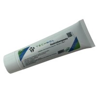 Eine weiße Tube mit einem schräg verlaufenden Etikett. Auf dem Etikett steht TECHMOL Radnabenpaste in großen Buchstaben. Darunter: Antiseize vollsynthetische Montagepaste -30°C bis +1.400°C. Es ist eine Aufzählung zu den Produkteigenschaften vorhanden: vollsynthetische Fettpaste mit weißen Festschmierstoffen, besondere Haftfähigkeit, ideal für den Bremsendienst, hoher Druckaufnahmebereich, außergewöhnlich gute Trenn- und Schmiereigenschaften, verhindert das Festrosten durch Auswaschen von Wasser bzw. Emulsionen. Das Etikett ist mit kleinen grünen und blauen grafischen Elementen versehen sowie einem Symbol, das wie ein abstrahierter Tropfen aussieht. Ein QR-Code und diverse Kleingedruckte, darunter die Mengenangabe 150 g, sind ebenfalls zu sehen.