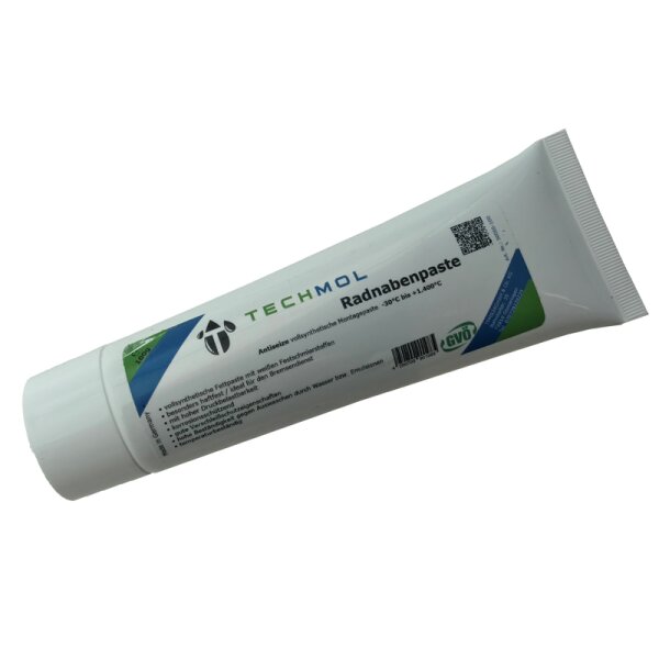 TECHMOL Radnabenpaste Antiseize vollsynthetische Montagespaste -30°C bis +1.400°C vollsynthetische Fettpaste mit weißen Festschmierstoffen mit besonderer Haftfestigkeit ideal für den Bremsscheibenfest mit hoher Druckaufnahme wasser- und salzwasserbeständig mit Oxidationsschutz verhindert das Festsitzen durch Auswaschen durch Wasser bzw. Emulsionen keine Beeinflussung von ABS-Systemen