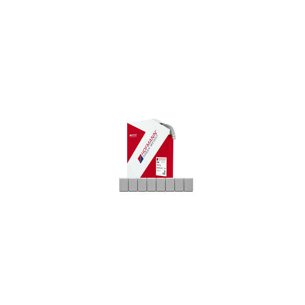 Auf dem Bild ist ein rot-weißer Karton mit der Aufschrift „HOFMANN Power Weight“ zu sehen; daneben oder davor liegen acht kleine, silberfarbene Metallgewichte in einer Reihe.
