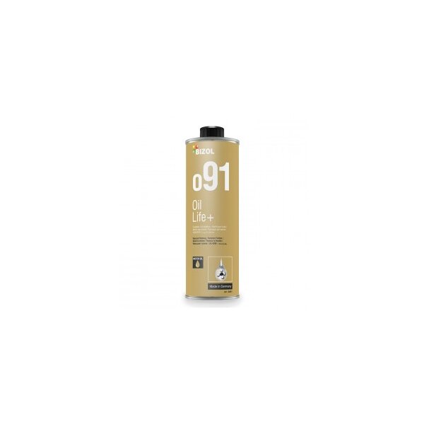 Das Bild zeigt eine goldfarbene Metallflasche mit schwarzem Schraubverschluss, auf der in großen weißen Buchstaben „BIZOL o91 Oil Life+“ steht. Darunter sind weitere Informationen auf Englisch abgedruckt. Am unteren Teil des Etiketts befindet sich ein Symbol eines Tropfens und der Text „Made in Germany“.