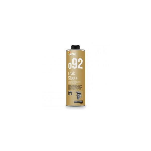 Auf dem Bild ist eine goldfarbene Metallflasche mit schwarzem Schraubverschluss zu sehen. Auf dem Etikett steht oben die Marke „BIZOL“, darunter in großer weißer Schrift „o92“, gefolgt von dem Produktnamen „Leak Stop+“. Darunter befinden sich weitere Informationen in kleineren Buchstaben sowie Symbole, die anzeigen, dass das Produkt für Motoröl geeignet ist und in Deutschland hergestellt wurde.