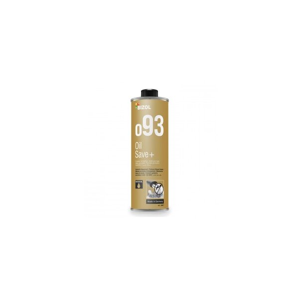 Auf dem Bild ist eine goldfarbene, zylindrische Metallflasche mit schwarzem Schraubverschluss zu sehen. Auf dem Etikett steht oben die Marke „BIZOL“, darunter groß „o93“. Darunter steht „Oil Save+“. Auf dem unteren Teil des Etiketts sind kleine Icons abgebildet, unter anderem ein Tropfen Öl, die Aufschrift „Made in Germany“ und ein Bild von Autoteilen.