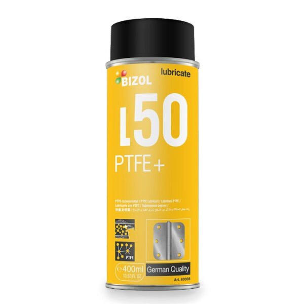Auf dem Bild ist eine gelbe Sprühdose mit schwarzem Deckel zu sehen. Auf der Dose steht in weißer Schrift „BIZOL lubricate L50 PTFE +“. Unten auf der Dose befinden sich kleine Symbole, ein Bild einer Scharnierfläche, weiße und gelbe Beschriftung sowie ein Hinweis „e 400 ml (13.53 FL. OZ)“, „German Quality“ und „Art. 80008“.