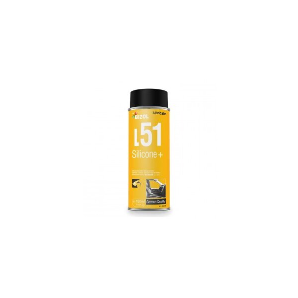 Auf dem Bild ist eine gelbe Spraydose mit schwarzem Deckel zu sehen. Sie trägt die Aufschrift BIZOL lubricate L51 Silicone+ German Quality. Darunter sind kleine Bilder eines Autos und eines Fensters abgebildet. In der unteren linken Ecke steht e 400ml.