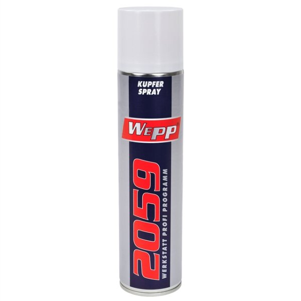 Eine Sprühdose mit silberfarbenem Körper und weißer Kappe, darauf steht oben KUPFER SPRAY, darunter das rot-weiße Logo WEPP, darunter in großen roten Zahlen 2059 und seitlich dazu in weißer Schrift WERKSTATT PROFI PROGRAMM.
