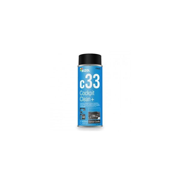 Eine Spraydose mit schwarzem Deckel, hauptsächlich in Blau und Weiß gestaltet. Auf der Vorderseite steht groß BIZOL c33 Cockpit Clean+ sowie weitere Informationen auf Deutsch und Englisch. Unten auf der Dose ist ein Bild von einem Autoinnenraum zu sehen, daneben steht 400 ml und German Quality.