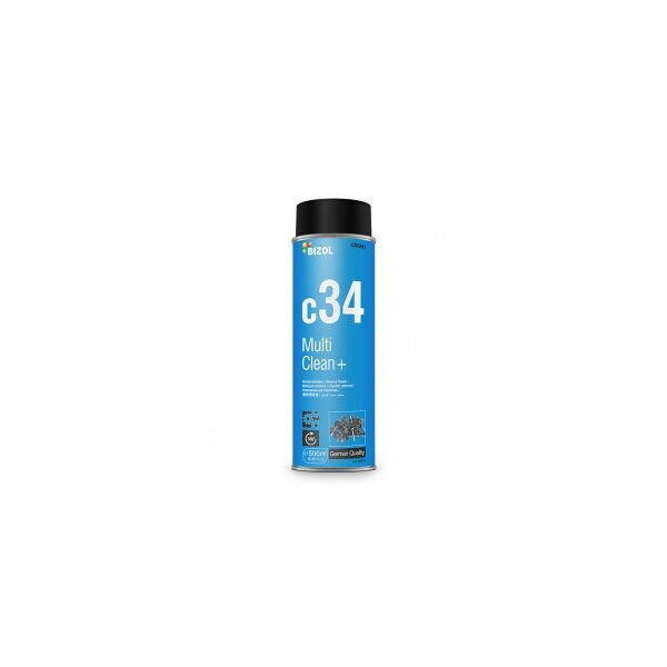 Das Bild zeigt eine Sprühdose mit schwarzem Deckel. Das Etikett ist überwiegend blau und trägt oben das Logo von BIZOL. In großer weißer Schrift steht „c34“, darunter „Multi Clean +“. Es gibt Symbole und einen Aufdruck „German Quality“ sowie ein Bild von technischen Bauteilen auf dem Etikett.