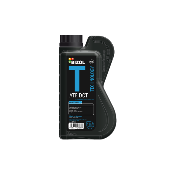 Auf dem Bild ist eine schwarze Kunststoffflasche mit einem Deckel zu sehen. Auf dem Etikett steht oben links das BIZOL-Logo mit bunten Kreisen, darunter ein großer blauer Buchstabe T. Rechts daneben steht in weißer Schrift TECHNOLOGY und etwas kleiner ATF DCT. Darunter gibt es einen hellblauen Streifen mit der Aufschrift „HC-SYNTHESES“, danach folgen in kleinerer Schrift technische Spezifikationen, eine Liste von Automarken und die Hinweise „Made in Germany“ sowie „1L e“. Auf der Flasche im Hintergrund ist „Made in Germany“ eingeprägt.