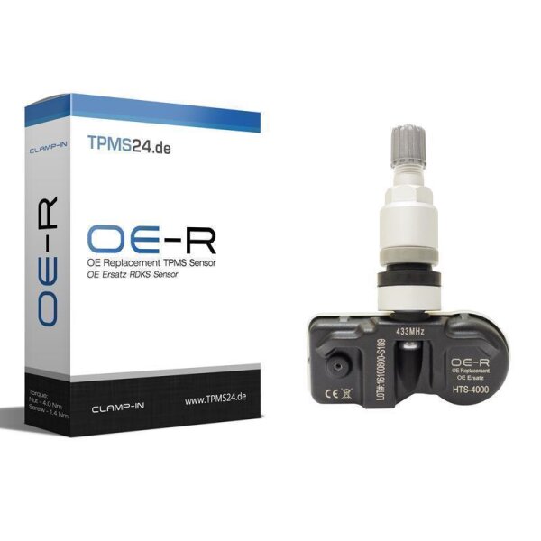Auf dem Bild ist links eine Produktverpackung mit der Aufschrift „TPMS24.de“, „OE-R“, „OE Replacement TPMS Sensor“, „OE Ersatz RDKS Sensor“ und weiteren kleineren Texten zu sehen. Rechts neben der Verpackung befindet sich ein Reifendrucksensor mit der Aufschrift „433MHz“, „OE-R OE Replacement OE Ersatz HTS-4000“ und einer Seriennummer.