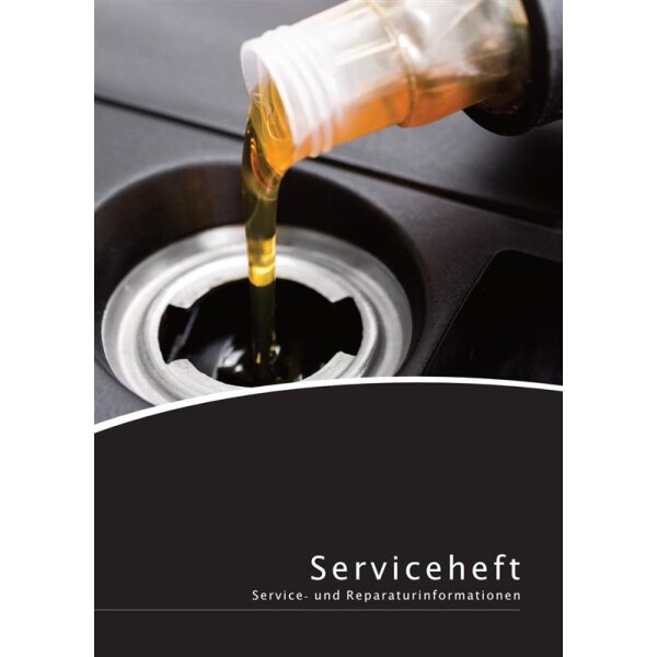 Auf dem Bild ist eine Nahaufnahme zu sehen, wie Motoröl aus einer Plastikflasche in eine runde Öffnung eines Autos gegossen wird. Im unteren Bereich des Bildes steht in weißer Schrift auf schwarzem Hintergrund „Serviceheft“ und darunter „Service- und Reparaturinformationen“.