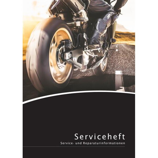 Das Bild zeigt das Hinterrad und einen Teil eines Motorrads, das auf einer Straße fährt. Im unteren Bereich des Bildes befindet sich ein schwarzer Abschnitt mit der weißen Überschrift Serviceheft sowie dem kleineren Text Service- und Reparaturinformationen.