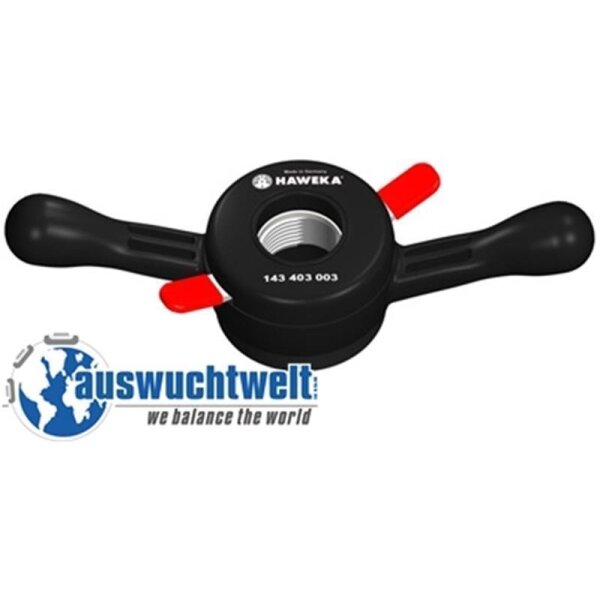 Das Bild zeigt ein schwarzes, rundes Werkzeug mit zwei langen Griffen, die nach links und rechts zeigen. In der Mitte des Werkzeugs ist ein rundes Metallgewinde sichtbar. Das Werkzeug trägt die Aufschrift Made in Germany HAWEMA 143 403 003. Zusätzlich sind zwei kleine rote Hebel am Werkzeug zu sehen. Unten links im Bild ist ein Logo mit einer stilisierten blauen Weltkugel und dem Text auswuchtwelt sowie darunter der Slogan we balance the world.