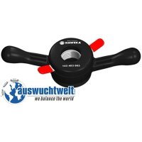 Das Bild zeigt ein schwarzes, rundes Werkzeug mit zwei...