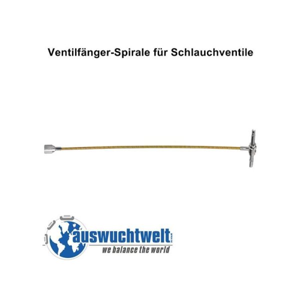 Ventilfänger-Spirale für Schlauchventile. Darunter befindet sich das Logo von auswuchtwelt.com mit der Weltkugel und dem Zusatz we balance the world. Das Bild zeigt ein längliches, dünnes Werkzeug mit einem gelblich-goldenen, spiralförmigen Kabel und metallischen Endteilen.