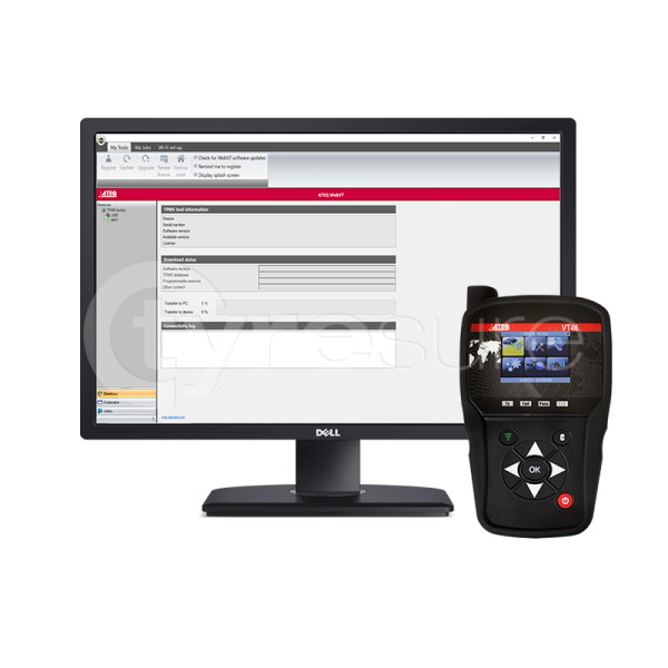 Das Bild zeigt einen schwarzen Dell-Monitor, auf dessen Bildschirm eine Software-Oberfläche mit dem Titel AITR VT46 angezeigt wird. Rechts neben dem Monitor steht ein schwarzes, handliches elektronisches Diagnosegerät mit Farbbildschirm und mehreren Tasten, darunter Richtungs- und OK-Tasten. Auf dem Display des Geräts sind bunte Symbole und eine Weltkarte zu sehen. Das Bild wirkt technisch und ist auf weißen Hintergrund freigestellt.