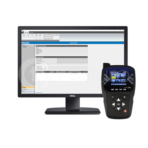 Das Bild zeigt einen schwarzen Dell-Computerbildschirm, auf dem eine Software-Oberfläche mit dem Titel Hamaton angezeigt wird. Vor dem Bildschirm steht ein tragbares, schwarzes Diagnosegerät mit Farbdisplay und mehreren Tasten darunter.
