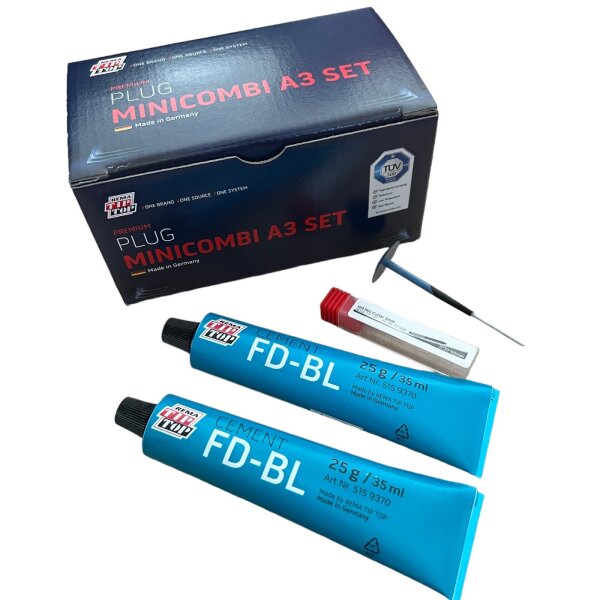 Das Bild zeigt ein Set mit dem Namen „Premium Plug Minicombi A3 Set“. Im Hintergrund steht eine dunkelblaue Verpackungskartonage mit dem Aufdruck „Premium Plug Minicombi A3 Set, Made in Germany“. Vor dem Karton liegen zwei blaue Tuben mit der Aufschrift „Cement FD-BL“. Jede Tube enthält 25 Gramm bzw. 35 Milliliter Inhalt. Neben den Tuben befindet sich eine kleine Verpackung mit Schneidern (klingenartige Werkzeuge) und ein Handwerkzeug mit einem langen dünnen Metallstab und einem schwarzen Griff, vermutlich zum Reinigen oder Anbringen der Teile. Insgesamt handelt es sich um ein Set mit Zubehör für Reparaturen, vermutlich für Reifen oder ähnliche Anwendungen.