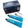 Das Bild zeigt ein Set mit dem Namen „Premium Plug Minicombi A3 Set“. Im Hintergrund steht eine dunkelblaue Verpackungskartonage mit dem Aufdruck „Premium Plug Minicombi A3 Set, Made in Germany“. Vor dem Karton liegen zwei blaue Tuben mit der Aufschrift „Cement FD-BL“. Jede Tube enthält 25 Gramm bzw. 35 Milliliter Inhalt. Neben den Tuben befindet sich eine kleine Verpackung mit Schneidern (klingenartige Werkzeuge) und ein Handwerkzeug mit einem langen dünnen Metallstab und einem schwarzen Griff, vermutlich zum Reinigen oder Anbringen der Teile. Insgesamt handelt es sich um ein Set mit Zubehör für Reparaturen, vermutlich für Reifen oder ähnliche Anwendungen.