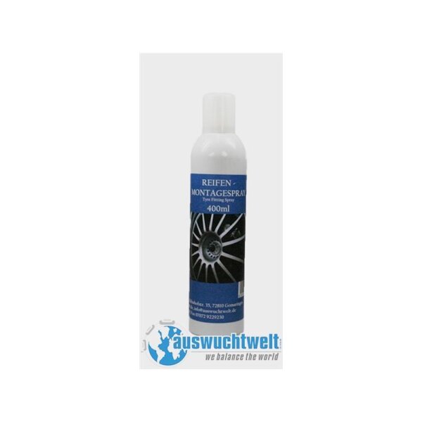 Sprühflasche mit Reifen-Montagespray, 400 ml, darauf ein Bild eines Autoreifens mit Felge, darunter Text mit Kontaktadresse und Webseite von Auswuchtwelt, dazu das Logo von Auswuchtwelt mit dem Slogan „we balance the world“.