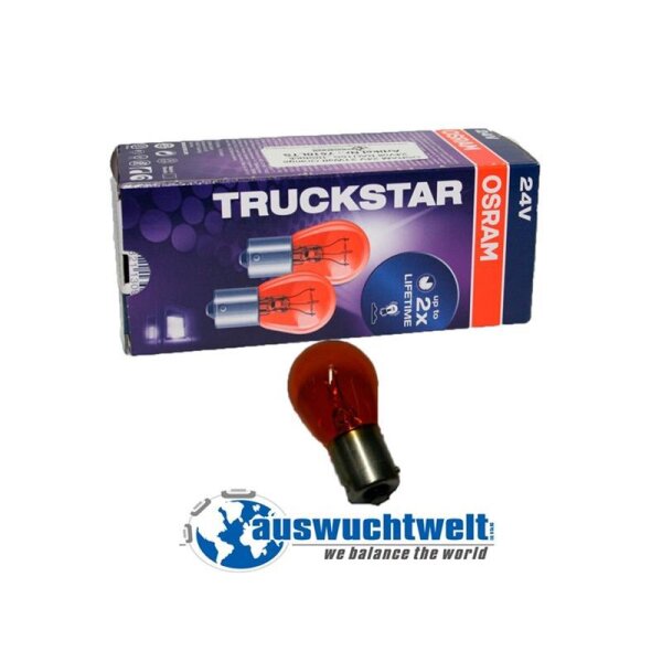Das Bild zeigt eine Verpackung der Marke Osram mit der Aufschrift Truckstar 24V; auf der Verpackung sind zwei orangefarbene Glühbirnen abgebildet, daneben steht „up to 2x lifetime“; vor der Verpackung liegt eine einzelne orangefarbene Glühbirne; unten im Bild ist das Logo von „auswuchtwelt“ mit dem Slogan „we balance the world“.