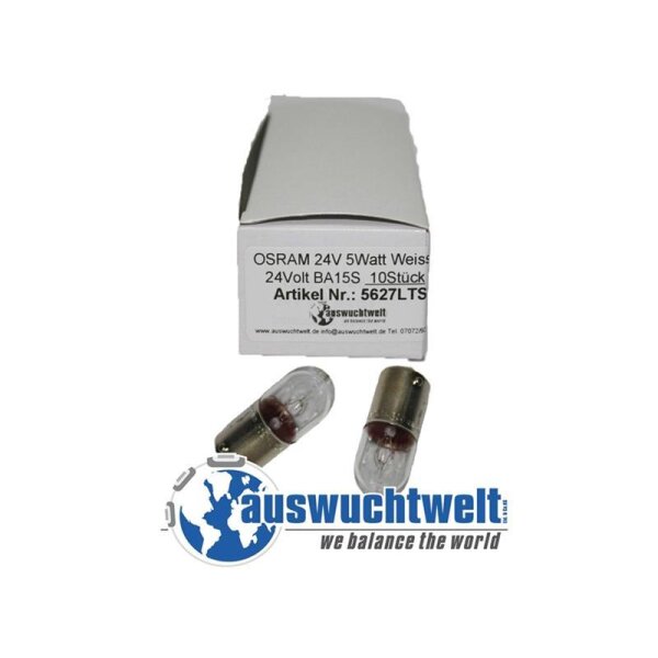 Das Bild zeigt eine weiße Verpackungsschachtel mit der Aufschrift „OSRAM 24V 5Watt Weiss 24Volt BA15S 10 Stück Artikel Nr.: 5627LTS“ und dem Logo von „auswuchtwelt“. Vor der Schachtel liegen zwei kleine Lampen / Glühbirnen mit transparentem Glas und einem metallischen Sockel. Unten im Bild ist das Logo von „auswuchtwelt“ mit der Weltkugel und dem Slogan „we balance the world“ zu sehen.
