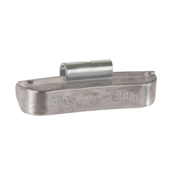 Das Bild zeigt eine Packung und mehrere einzelne Metallgewichte zum Aufclippen, die jeweils mit „300g“ beschriftet sind. Auf der Verpackung steht „Ciężarki do wyważania kół nabijane“ und darunter „Clip-on balance weights“. Das Logo auf der Verpackung lautet „TIPTOPOL“.