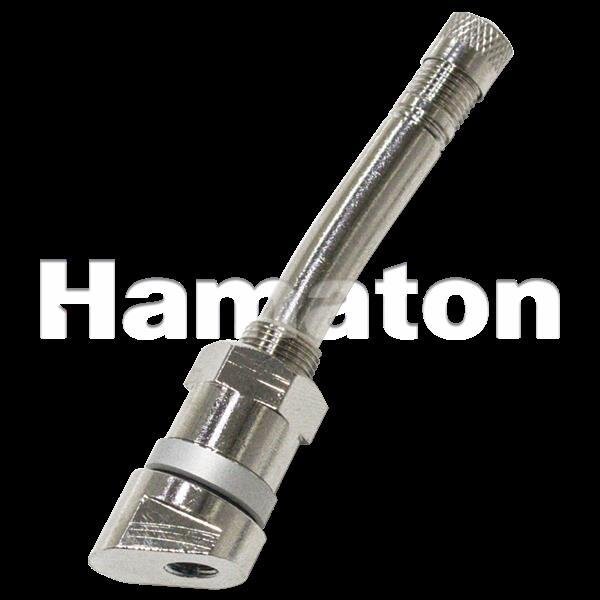 Das Bild zeigt ein silbernes Metallventil mit Schraubgewinde und Kappe auf schwarzem Hintergrund. Im Hintergrund steht groß in weißen Buchstaben das Wort „Hamaton“.