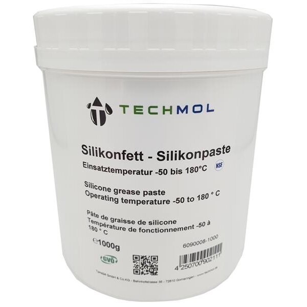 Weißer Kunststoffeimer mit Schraubdeckel. Auf dem Etikett steht oben das Logo und der Schriftzug „TECHMOL“. Darunter: „Silikonfett - Silikonpaste“, „Einsatztemperatur -50 bis 180°C“, „NSF“. Im nächsten Abschnitt stehen die Hinweise auf Englisch: „Silicone grease paste“, „Operating temperature -50 to 180°C“. Dann folgen die Angaben auf Französisch: „Pâte de graisse de silicone“, „Température de fonctionnement -50 à 180°C“. Unten steht „1000g“, ein QR-Code und die EAN-Nummer 4250700921127.