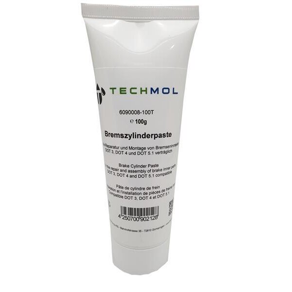Eine weiße Tube mit der Aufschrift „TECHMOL Bremszylinderpaste, 6090008-100T, e 100g, zur Reparatur und Montage von Bremsinnenteilen, mit DOT 3, DOT 4 und DOT 5.1 verträglich“. Darunter befindet sich die gleiche Information auf Englisch und Französisch, ein Barcode sowie Herstellerangaben.