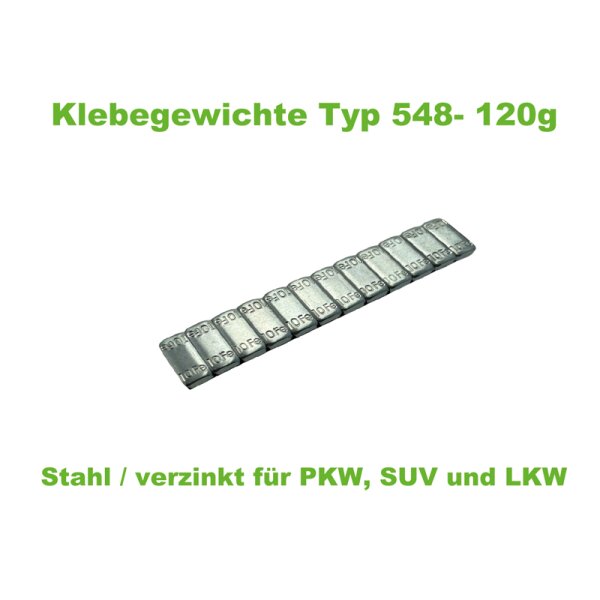 Klebegewichte Typ 548- 120g Stahl / verzinkt für PKW, SUV und LKW. Das Bild zeigt eine Reihe von 12 rechteckigen, silberfarbenen Klebegewichten aus Stahl, die nebeneinander angeordnet sind und jeweils mit 10g beschriftet sind.