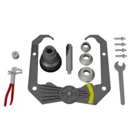 Das Bild zeigt eine rote Auswuchtmaschine für...