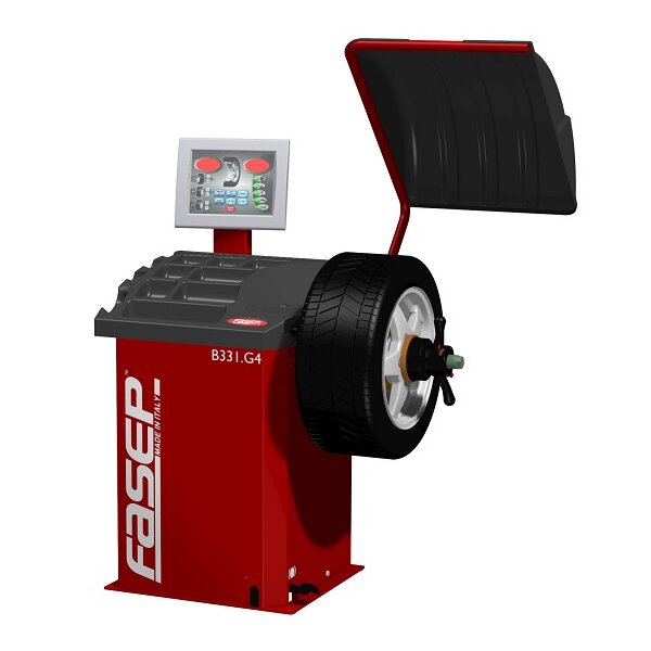Das Bild zeigt eine moderne, rot-schwarze Auswuchtmaschine für Autoreifen der Marke FASEP. Ein Autoreifen ist auf der rechten Seite an der Maschine befestigt. Oben befindet sich ein Touchscreen mit digitaler Anzeige und Bedienelementen. Über dem Reifen ist eine schwarze Schutzhaube geöffnet nach oben geklappt. Die Front der Maschine ist rot mit einem weißen FASEP-Logo und der Modellnummer B331.G4.