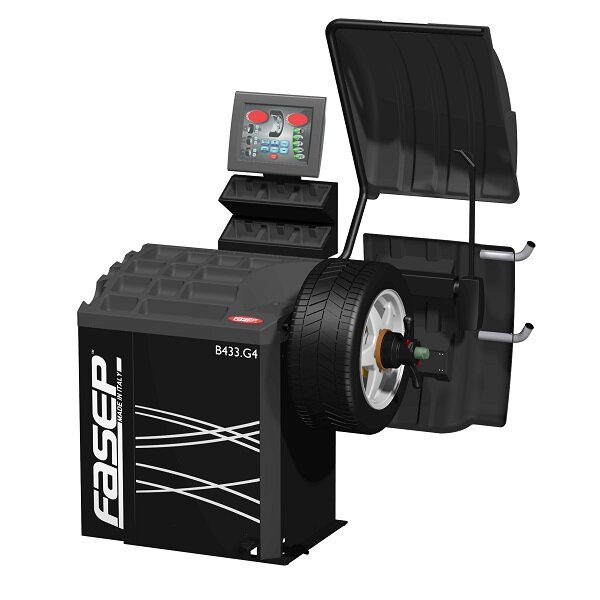 Das Bild zeigt eine Reifenauswuchtmaschine, auf der ein Autoreifen montiert ist. Die Maschine ist schwarz mit weißem Schriftzug FASEP an der Seite und dem Modellnamen B433.G4 auf der Vorderseite. Oben ist ein Steuerpult mit Display und Tasten zu sehen. Ein großer Deckel ist nach oben aufgeklappt.