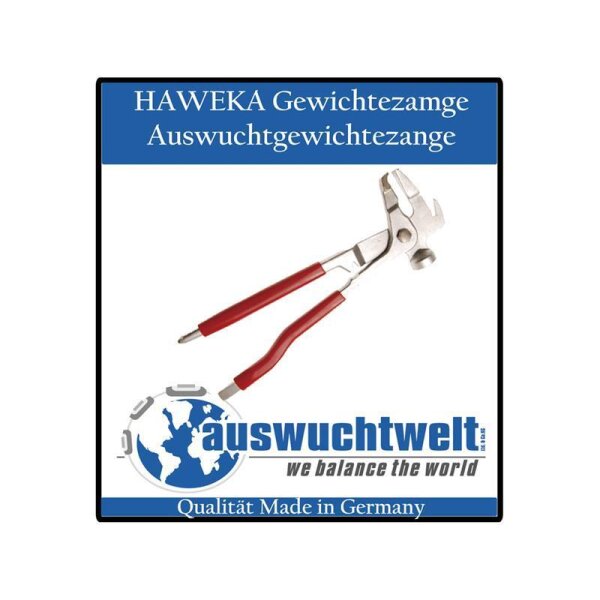 Das Bild zeigt eine spezielle Zange mit roten Griffen auf weißem Hintergrund. Oben steht in weißer Schrift auf blauem Grund: HAWEKA Gewichtezamge Auswuchtgewichtezange. Unten ist ein Logo mit einem stilisierten Globus und dem Text auswuchtwelt we balance the world und darunter auf blauem Grund Qualität Made in Germany.