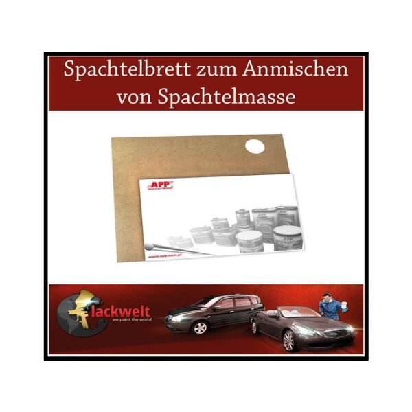 Auf dem Bild ist ein rechteckiges Spachtelbrett aus braunem Material mit einem runden Loch an einer Ecke zu sehen, darüber steht in weißer Schrift auf rotem Hintergrund „Spachtelbrett zum Anmischen von Spachtelmasse“, unten sind das Logo „Lackwelt“, ein Auto und eine Person mit Schutzkleidung und Lackierpistole vor rotem Hintergrund abgebildet.