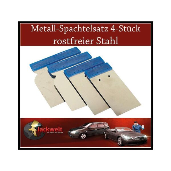 Das Bild zeigt vier Metallspachtel mit blauen Griffen, nebeneinander angeordnet, darüber steht in weißer Schrift auf braunem Hintergrund Metall-Spachtelsatz 4-Stück rostfreier Stahl, unten ist das Logo Lackwelt, ein Auto und eine Person mit Lackierausrüstung abgebildet.