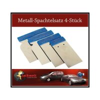 Das Bild zeigt vier Metallspachtel mit blauen Griffen,...