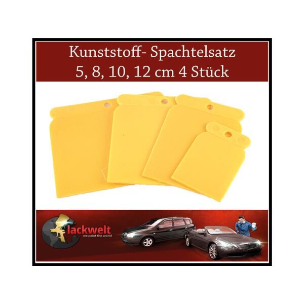 Das Bild zeigt vier gelbe Kunststoffspachtel in unterschiedlichen Größen (5, 8, 10 und 12 cm) nebeneinander auf weißem Hintergrund. Oben steht auf einem roten Balken in weißer Schrift: „Kunststoff-Spachtelsatz 5, 8, 10, 12 cm 4 Stück“. Unten ist ein weiteres rotes Feld mit dem Schriftzug „lackwelt we paint the world“, einem stilisierten Weltkartensymbol, sowie zwei geparkten Autos und eine Person, die mit einer Spritzpistole arbeitet.