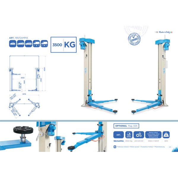 Das Bild zeigt eine technische Produktdarstellung einer zweisäuligen Hebebühne für Fahrzeuge mit einer maximalen Tragkraft von 3500 Kilogramm, geeignet für verschiedene Fahrzeugtypen von Kleinwagen bis SUV, mit technischen Zeichnungen und Maßen der Hebebühne sowie Detailaufnahmen der Einzelteile; das Gerät ist in den Farben Blau und Beige gehalten und stammt aus Italien.
