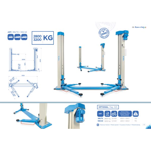 Das Bild zeigt eine zweiseitige Hebebühne für Autos in silber-blauer Farbe. Es sind technische Zeichnungen mit Maßen und Belastungsangaben (2800 kg und 3200 kg) dargestellt. Drei Icons zeigen, dass die Hebebühne für verschiedene Autotypen geeignet ist. Auf der rechten Seite ist ein Stempel mit der Aufschrift EN1493 und die Angabe Made in Italy zu sehen. Technische Daten zur Motorleistung sowie Optionen sind im unteren rechten Bereich aufgeführt.