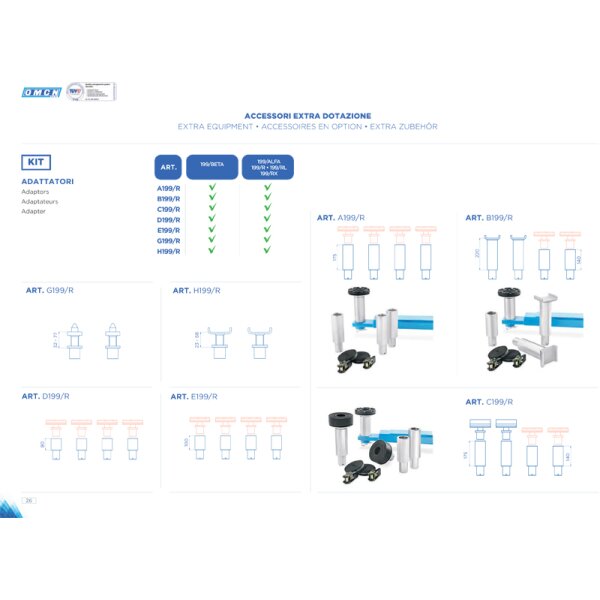 Das Bild zeigt eine Tabelle und mehrere technische Zeichnungen sowie Produktfotos von Adapter-Kits für Hebebühnen. Oben mittig steht der Titel „Accessori Extra Dotazione – Extra Equipment – Accessoires en Option – Extra Zubehör“. Links befindet sich eine Liste von Adaptertypen, rechts davon eine Tabelle, die Kompatibilität der Adapter mit verschiedenen Hebebühnenmodellen anzeigt (mit grünen Häkchen markiert). Darunter befinden sich Zeichnungen und Fotos der einzelnen Adapter mit den Bezeichnungen A199/R, B199/R, C199/R, D199/R, E199/R, G199/R und H199/R, jeweils mit Maßangaben und Skizzen der Adapterformen. In den Produktfotos sind die Adapter auf blauen Trägern montiert und aus verschiedenen Perspektiven zu sehen.